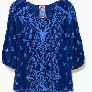 Johnny Was Navy Embroidered Cierve Adrianne Deer/Stag